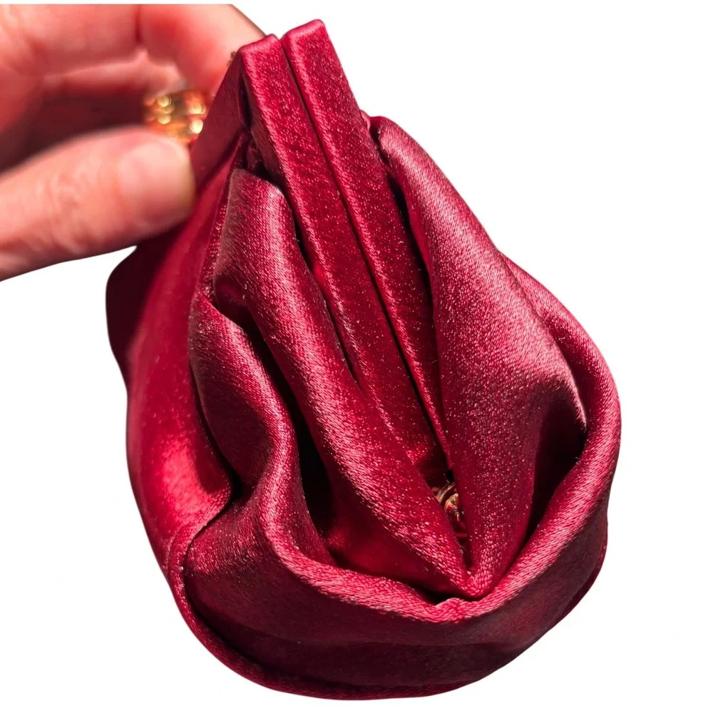 La Regale Evening Clutch Women Small Red Satin Jewel Kiss Lock Chain Strap
